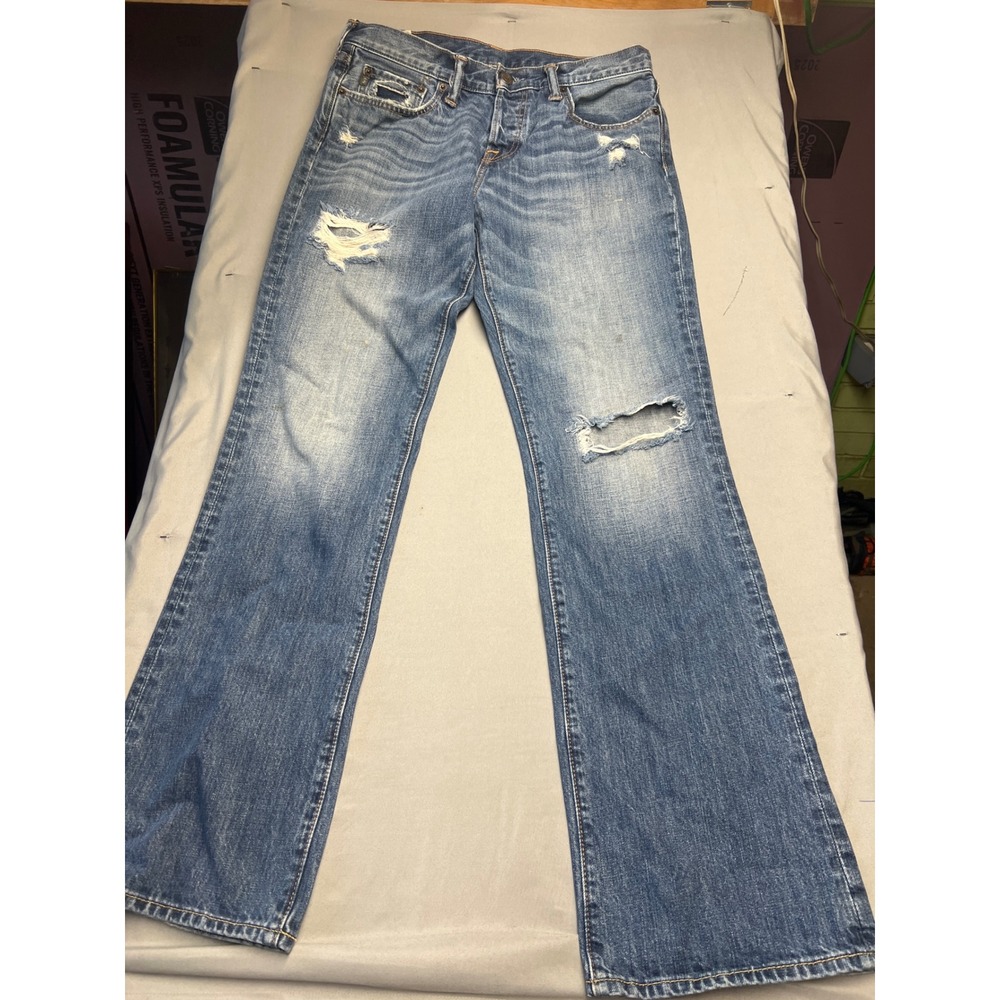 Abercrombie & Fitch Mens Distressed Bootcut Jeans Medium Wash 32x34 1E5305